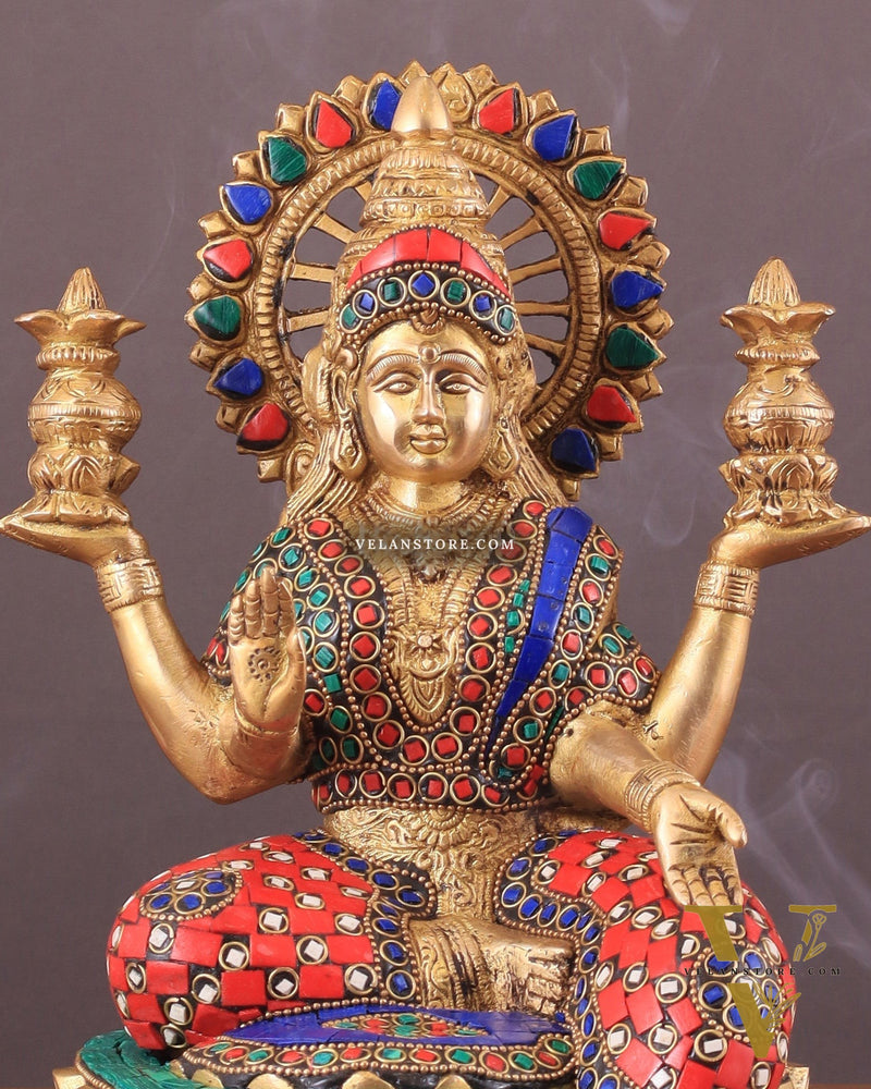 Pure Brass Lakshmi with Owl Idol Seated on Lotus | 11 Inch meenakari