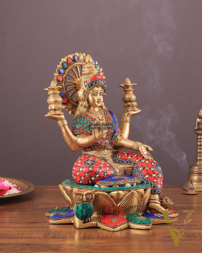 Pure Brass Lakshmi with Owl Idol Seated on Lotus | 11 Inch meenakari