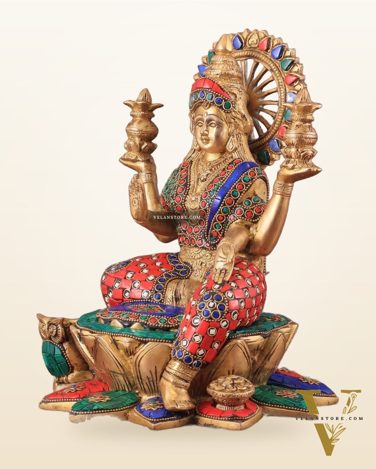 Pure Brass Lakshmi with Owl Idol Seated on Lotus | 11 Inch meenakari