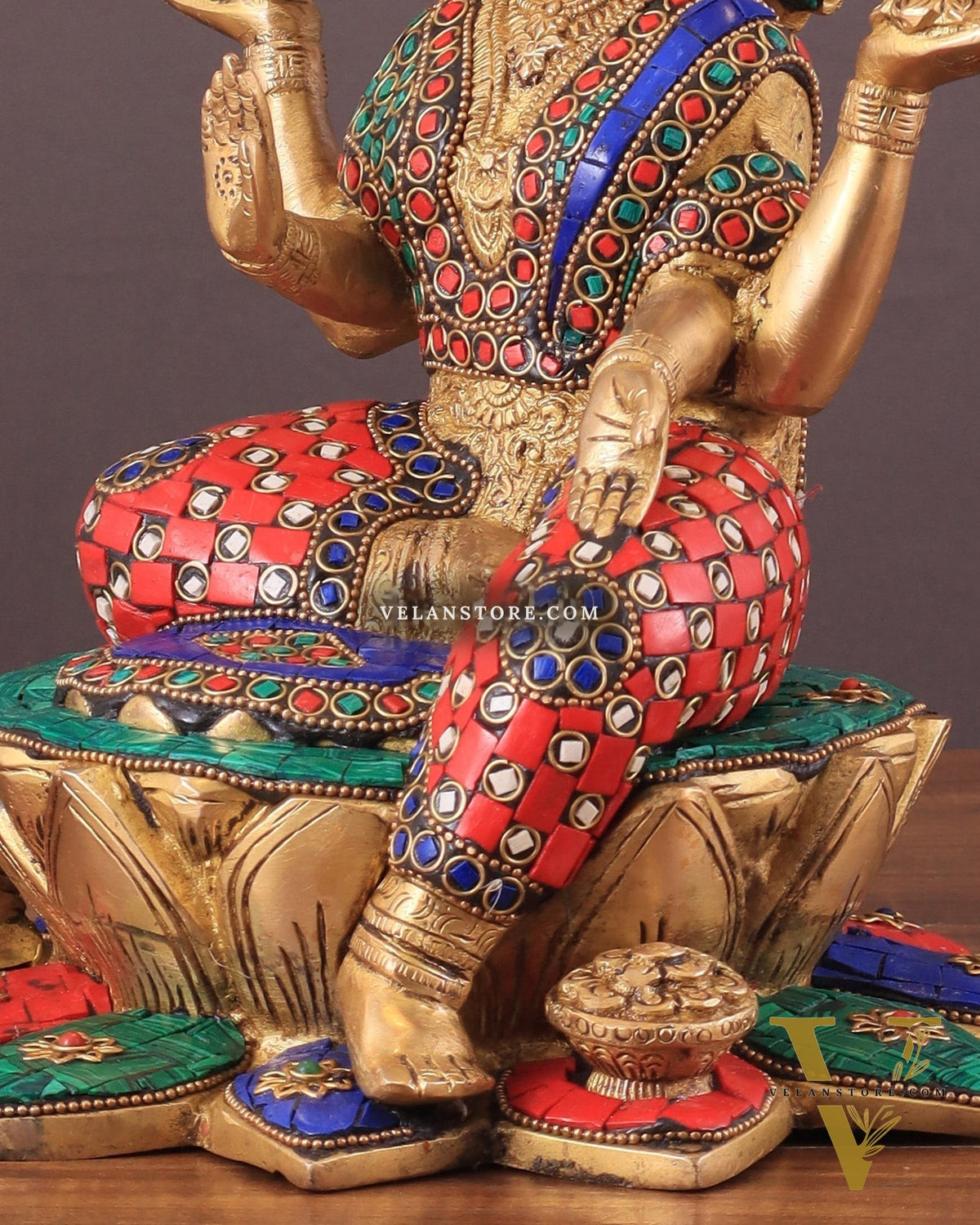 Pure Brass Lakshmi with Owl Idol Seated on Lotus | 11 Inch meenakari