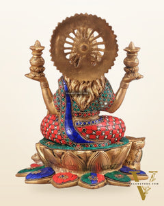 Pure Brass Lakshmi with Owl Idol Seated on Lotus | 11 Inch meenakari