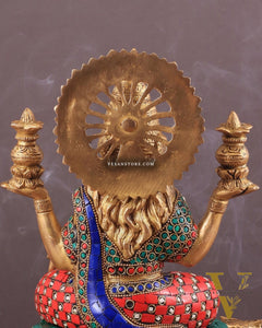 Pure Brass Lakshmi with Owl Idol Seated on Lotus | 11 Inch meenakari