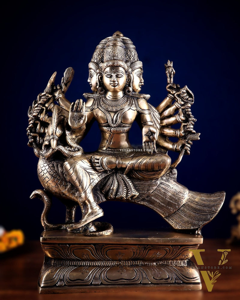 Pure Brass Large Aarumugam Murugan Sitting on a Peacock – Kartikeya Swamy Idol 16"