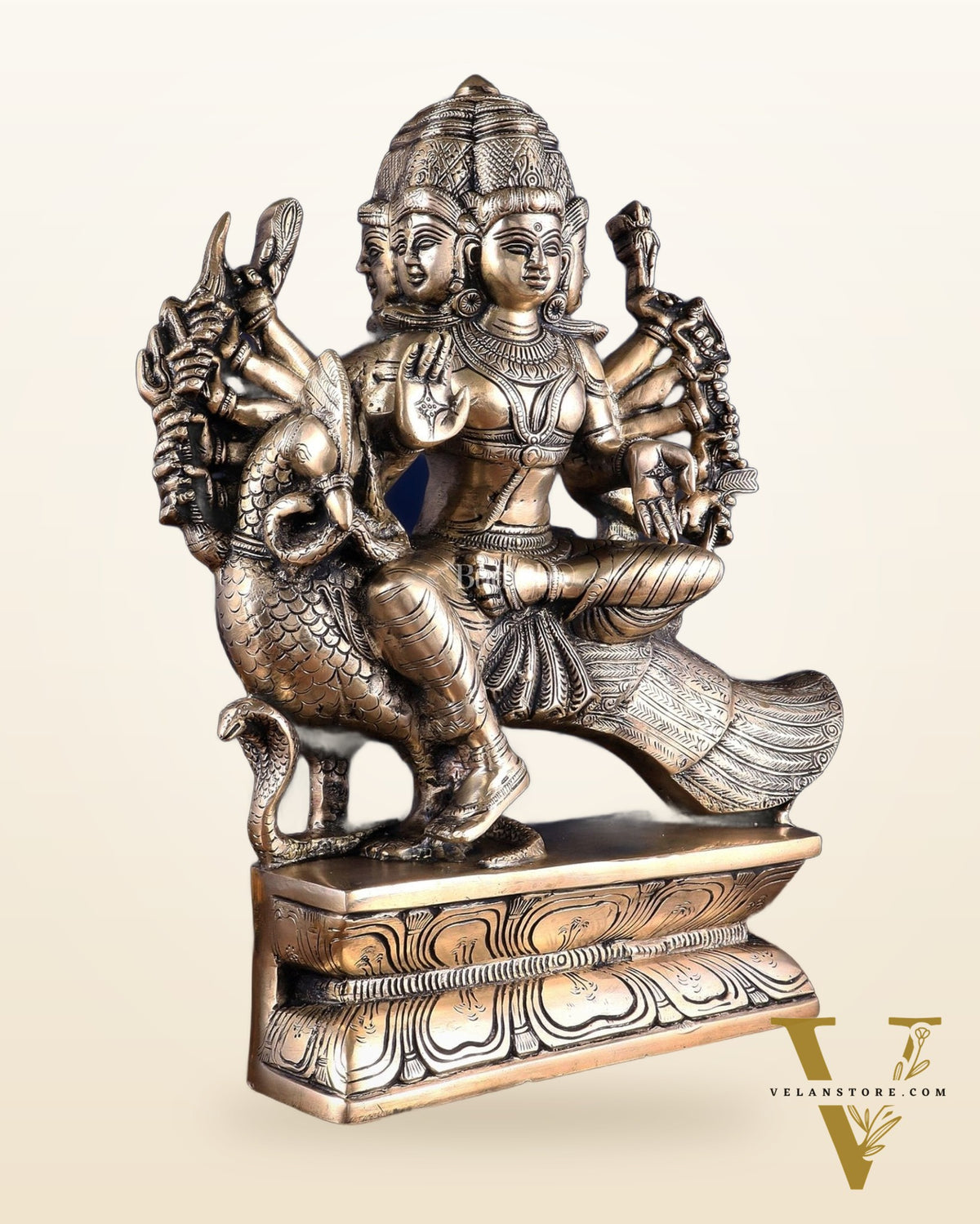 Pure Brass Large Aarumugam Murugan Sitting on a Peacock – Kartikeya Swamy Idol 16"