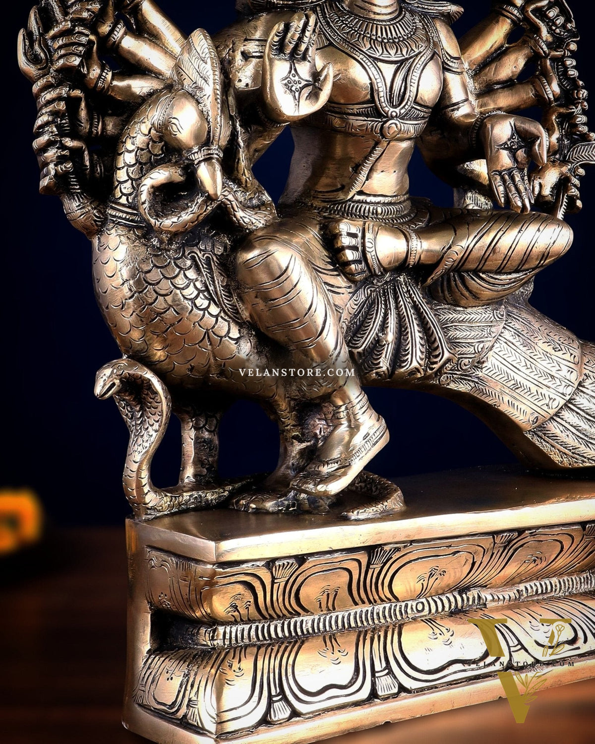 Pure Brass Large Aarumugam Murugan Sitting on a Peacock – Kartikeya Swamy Idol 16"
