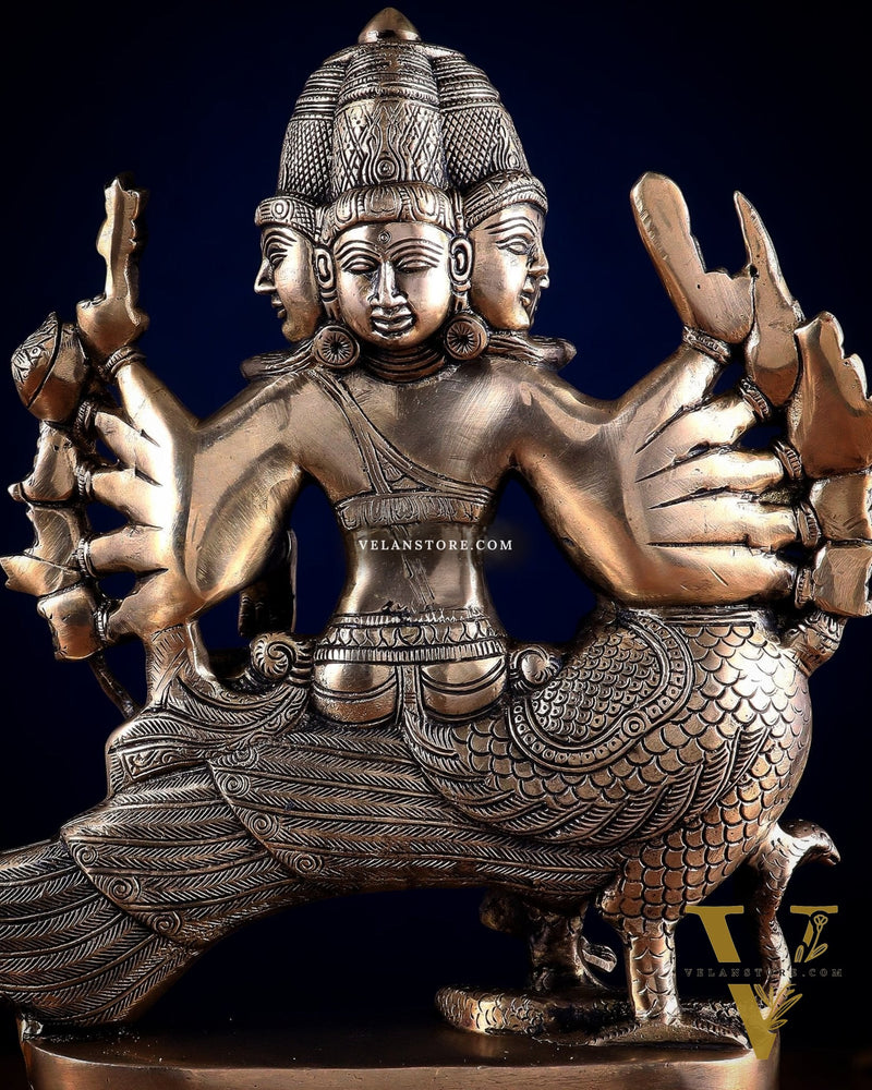 Pure Brass Large Aarumugam Murugan Sitting on a Peacock – Kartikeya Swamy Idol 16"