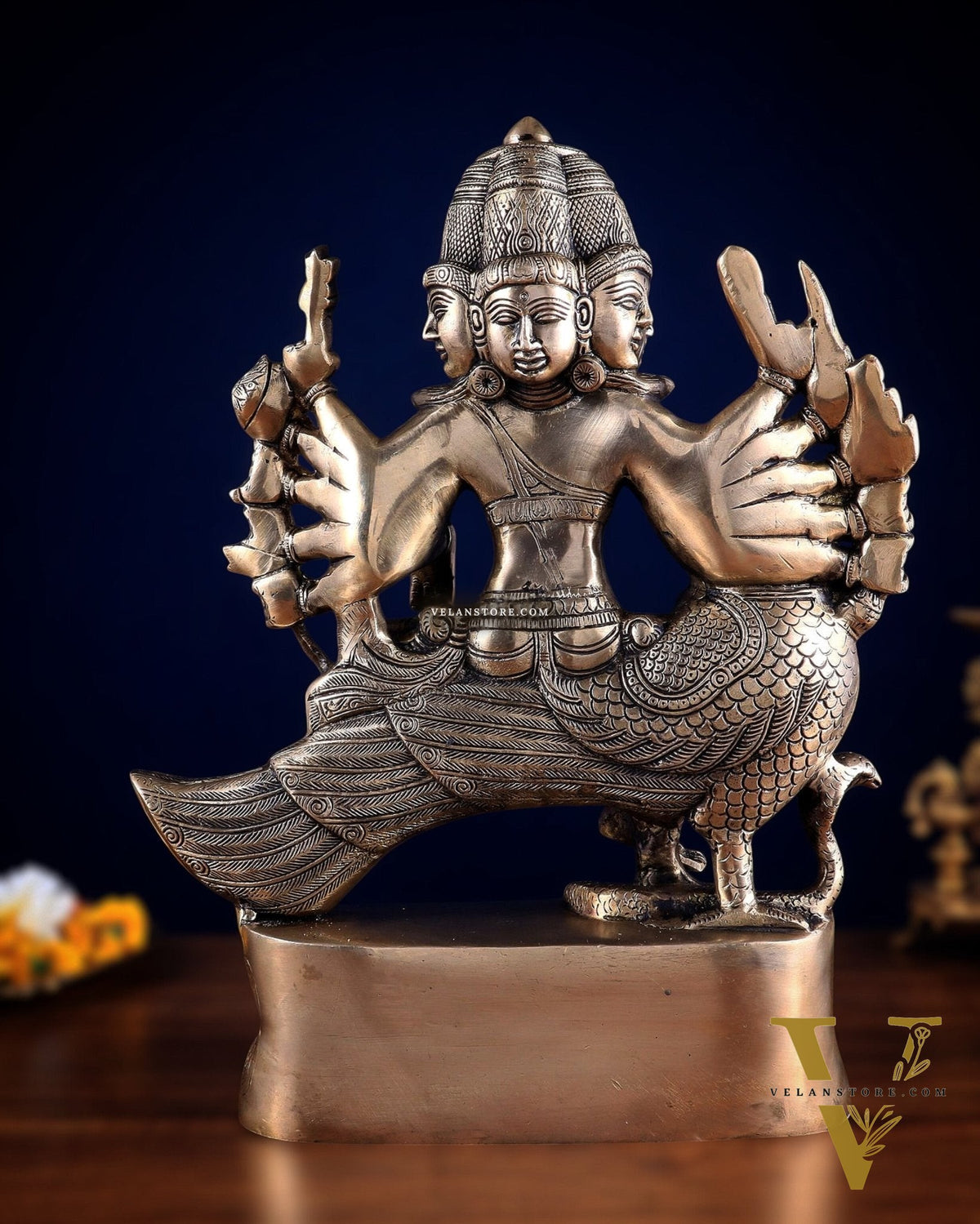Pure Brass Large Aarumugam Murugan Sitting on a Peacock – Kartikeya Swamy Idol 16"