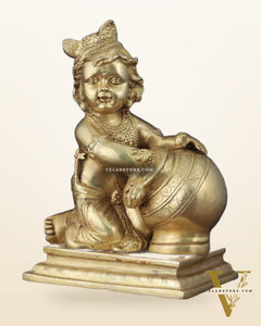 Pure Brass Large Baby Krishna as Makhan Chor Statue - 12"