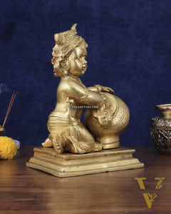 Pure Brass Large Baby Krishna as Makhan Chor Statue - 12"