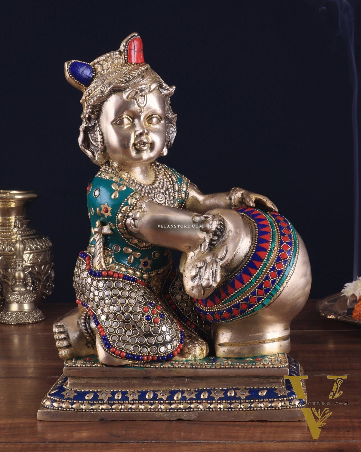 Pure Brass Large Baby Krishna as Makhan Chor Statue - 12" with stonework