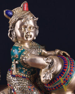 Pure Brass Large Baby Krishna as Makhan Chor Statue - 12" with stonework