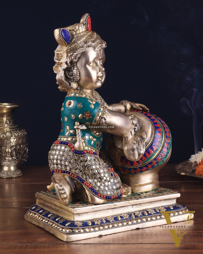 Pure Brass Large Baby Krishna as Makhan Chor Statue - 12" with stonework