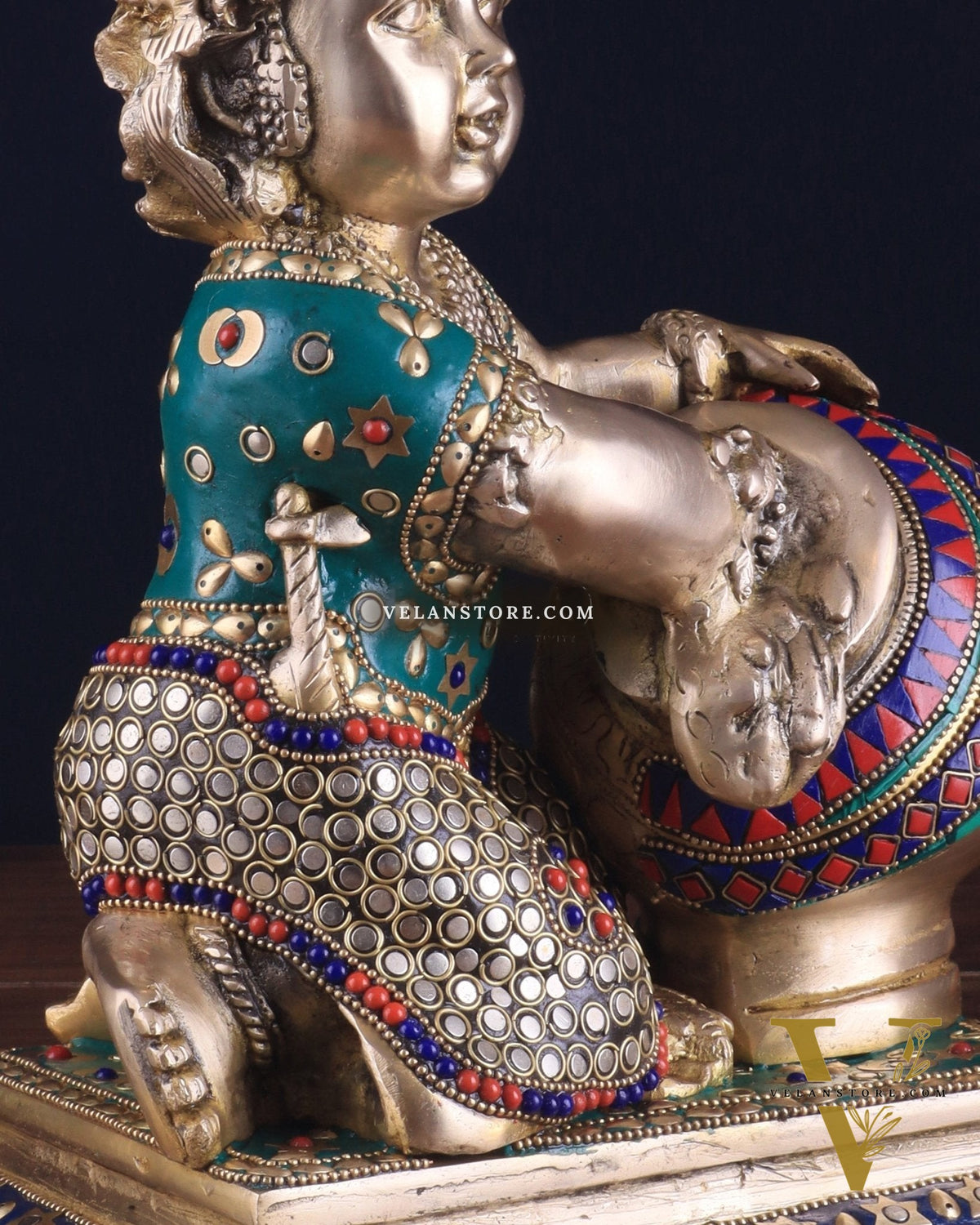 Pure Brass Large Baby Krishna as Makhan Chor Statue - 12" with stonework