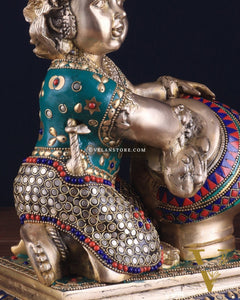 Pure Brass Large Baby Krishna as Makhan Chor Statue - 12" with stonework