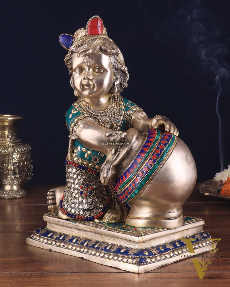 Pure Brass Large Baby Krishna as Makhan Chor Statue - 12" with stonework