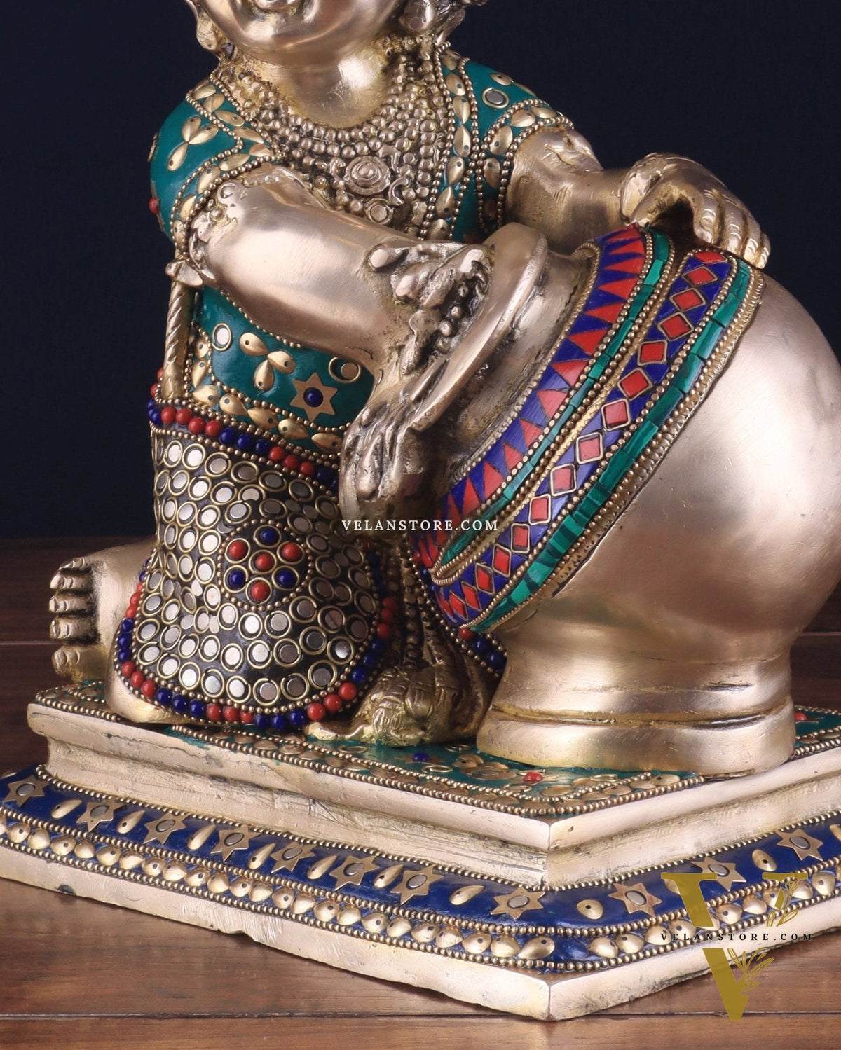 Pure Brass Large Baby Krishna as Makhan Chor Statue - 12" with stonework