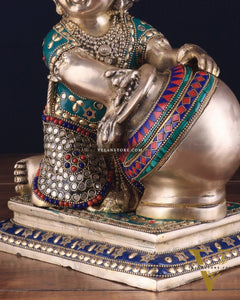 Pure Brass Large Baby Krishna as Makhan Chor Statue - 12" with stonework