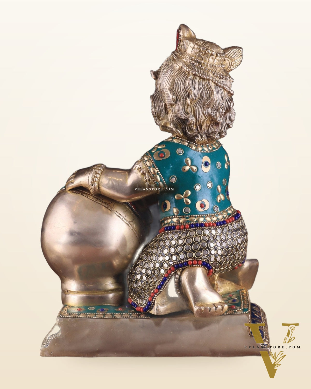 Pure Brass Large Baby Krishna as Makhan Chor Statue - 12" with stonework