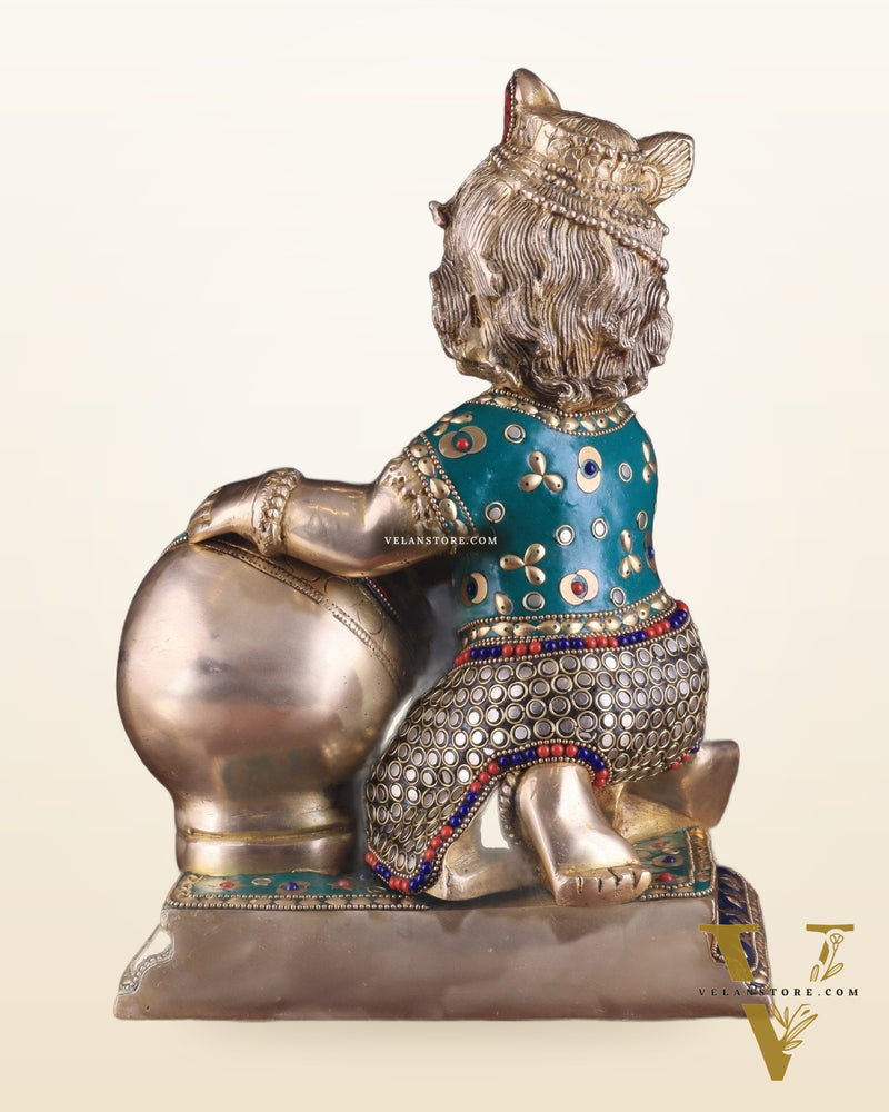 Pure Brass Large Baby Krishna as Makhan Chor Statue - 12" with stonework