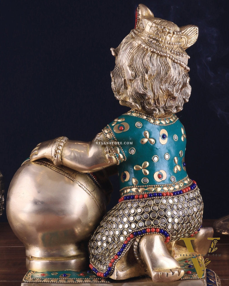 Pure Brass Large Baby Krishna as Makhan Chor Statue - 12" with stonework