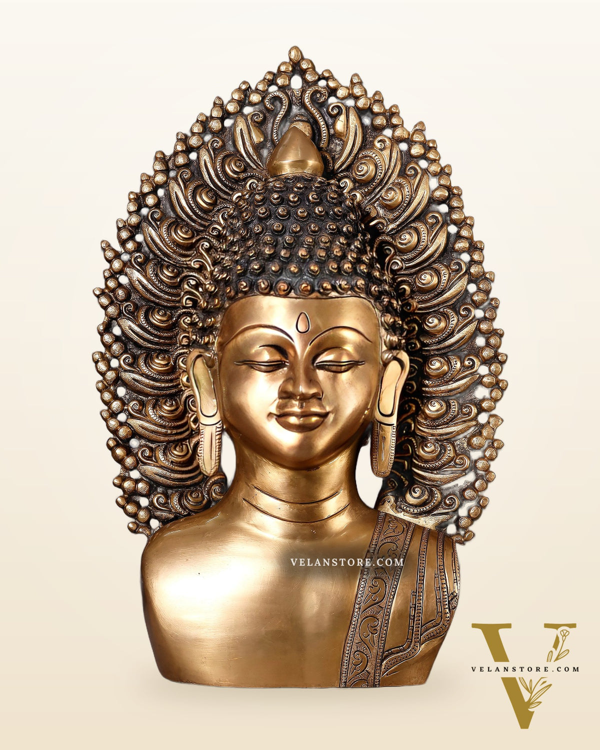 Pure Brass Large Buddha Bust Face Sculpture with Aureole Arch – 18.2" Height