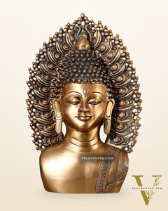 Pure Brass Large Buddha Bust Face Sculpture with Aureole Arch – 18.2" Height