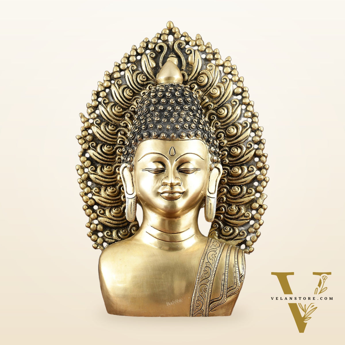 Pure Brass Large Buddha Bust Face Sculpture with Aureole Arch – 18.2" Height