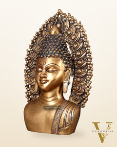 Pure Brass Large Buddha Bust Face Sculpture with Aureole Arch – 18.2" Height