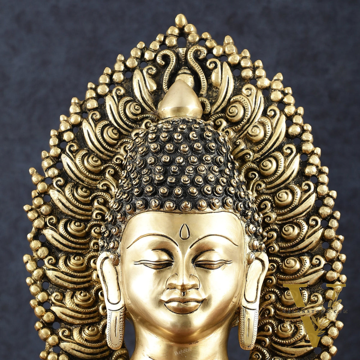 Pure Brass Large Buddha Bust Face Sculpture with Aureole Arch – 18.2" Height