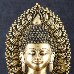 Pure Brass Large Buddha Bust Face Sculpture with Aureole Arch – 18.2" Height