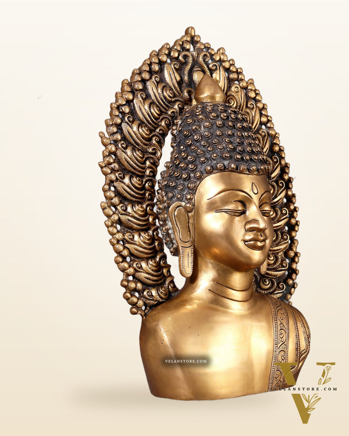 Pure Brass Large Buddha Bust Face Sculpture with Aureole Arch – 18.2" Height