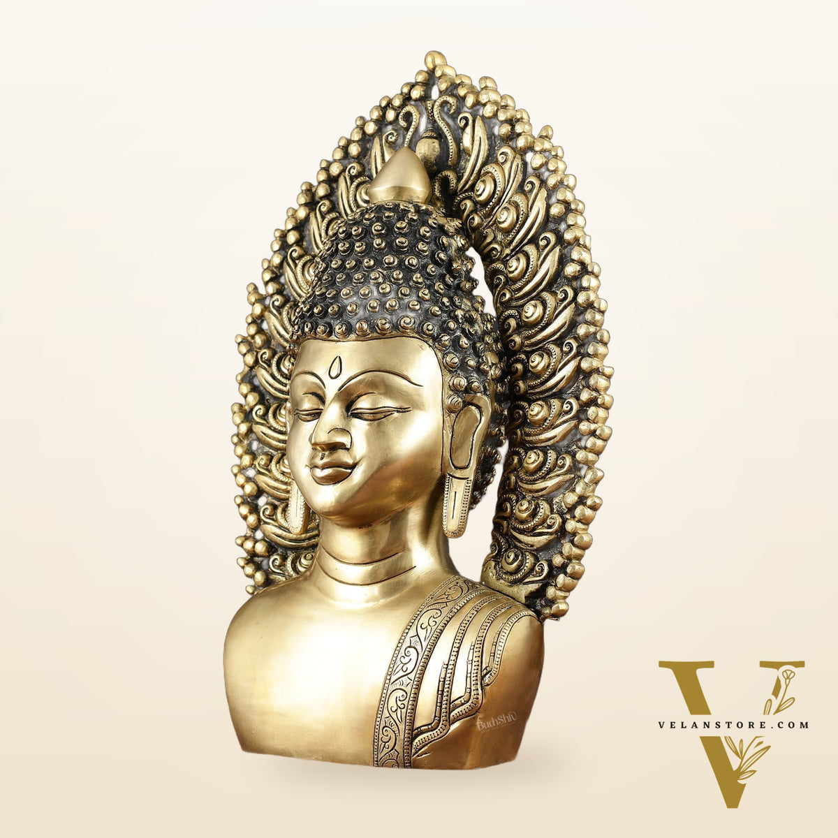 Pure Brass Large Buddha Bust Face Sculpture with Aureole Arch – 18.2" Height