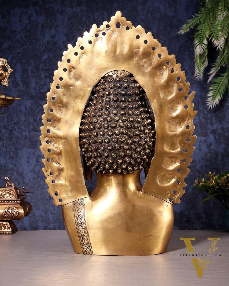 Pure Brass Large Buddha Bust Face Sculpture with Aureole Arch – 18.2" Height
