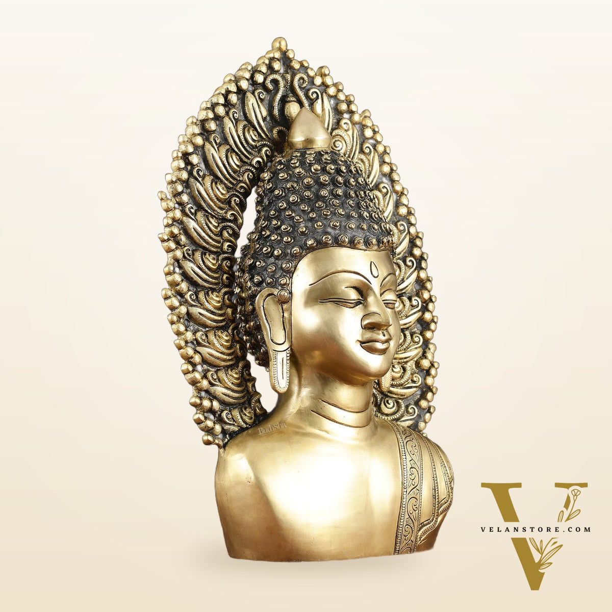 Pure Brass Large Buddha Bust Face Sculpture with Aureole Arch – 18.2" Height