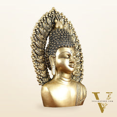 Pure Brass Large Buddha Bust Face Sculpture with Aureole Arch – 18.2" Height