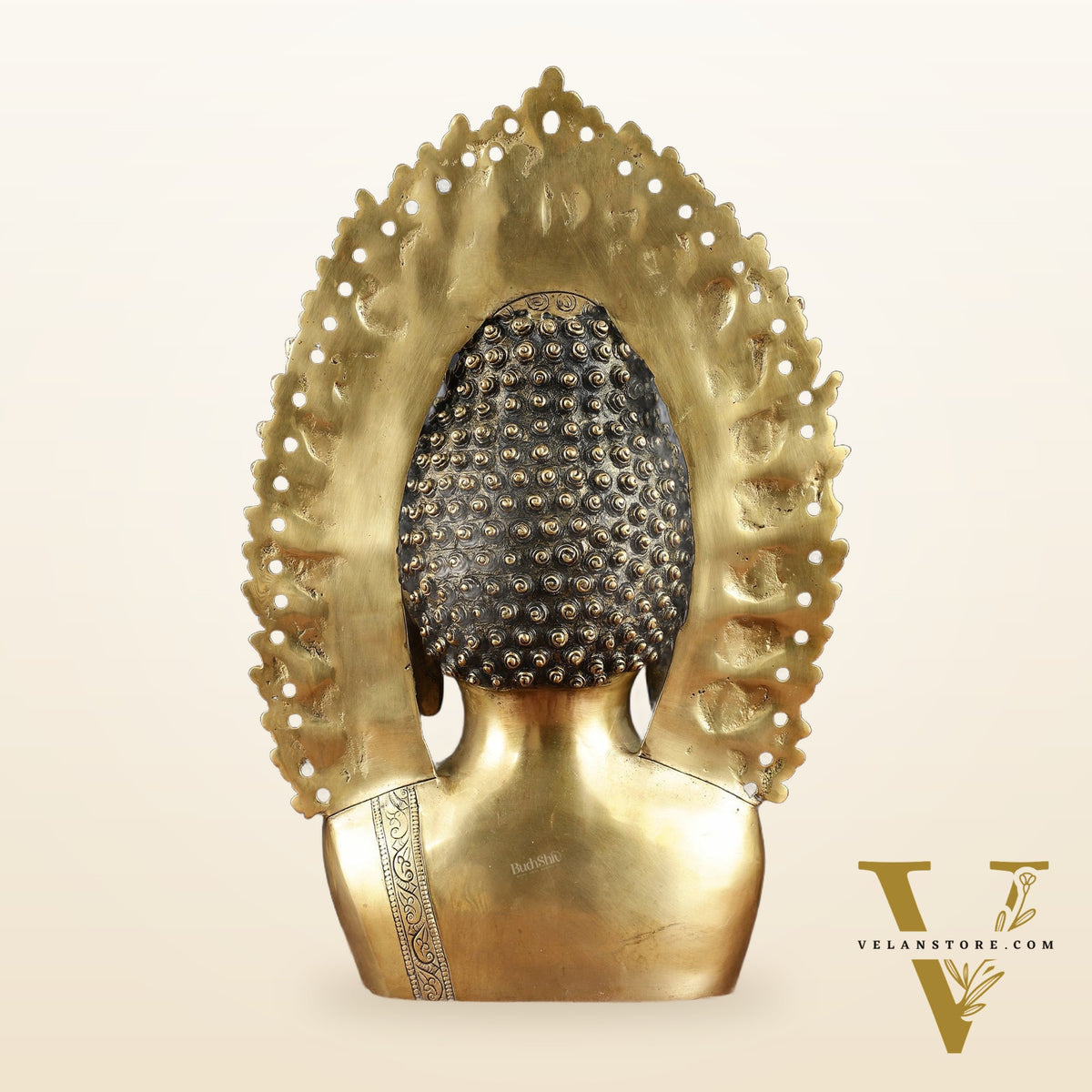 Pure Brass Large Buddha Bust Face Sculpture with Aureole Arch – 18.2" Height