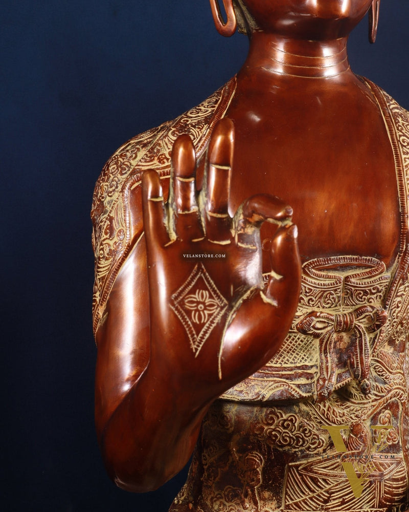 Pure Brass Large Buddha Statue - Handcrafted, 33" Tall, 48kg copper sand finish
