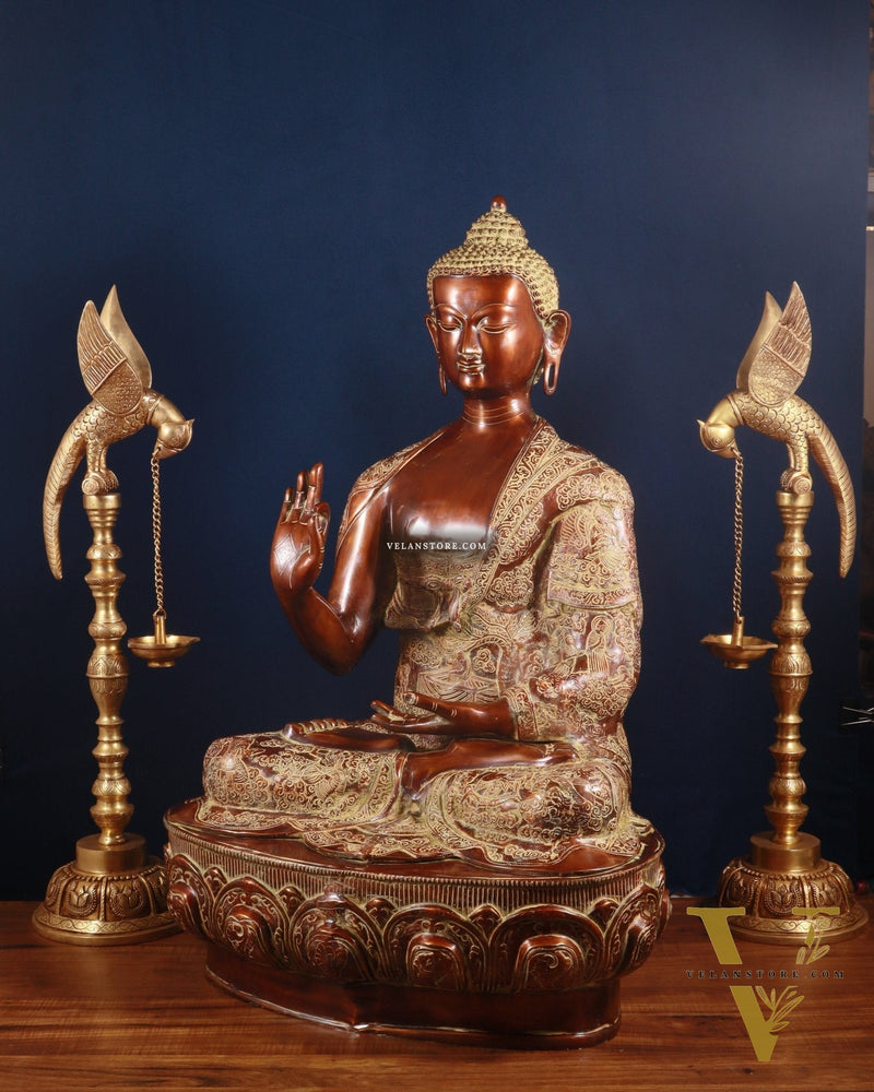 Pure Brass Large Buddha Statue - Handcrafted, 33" Tall, 48kg copper sand finish