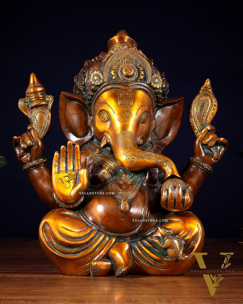 Pure Brass Large Crowned Ganesha Statue 15 inch