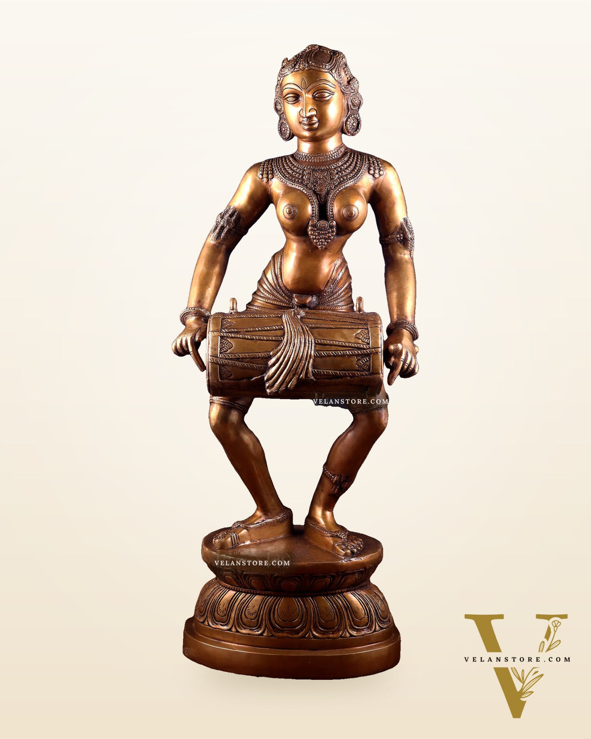 Pure Brass Large Dancing Indian Lady Playing Dholak Statue – 38 inch