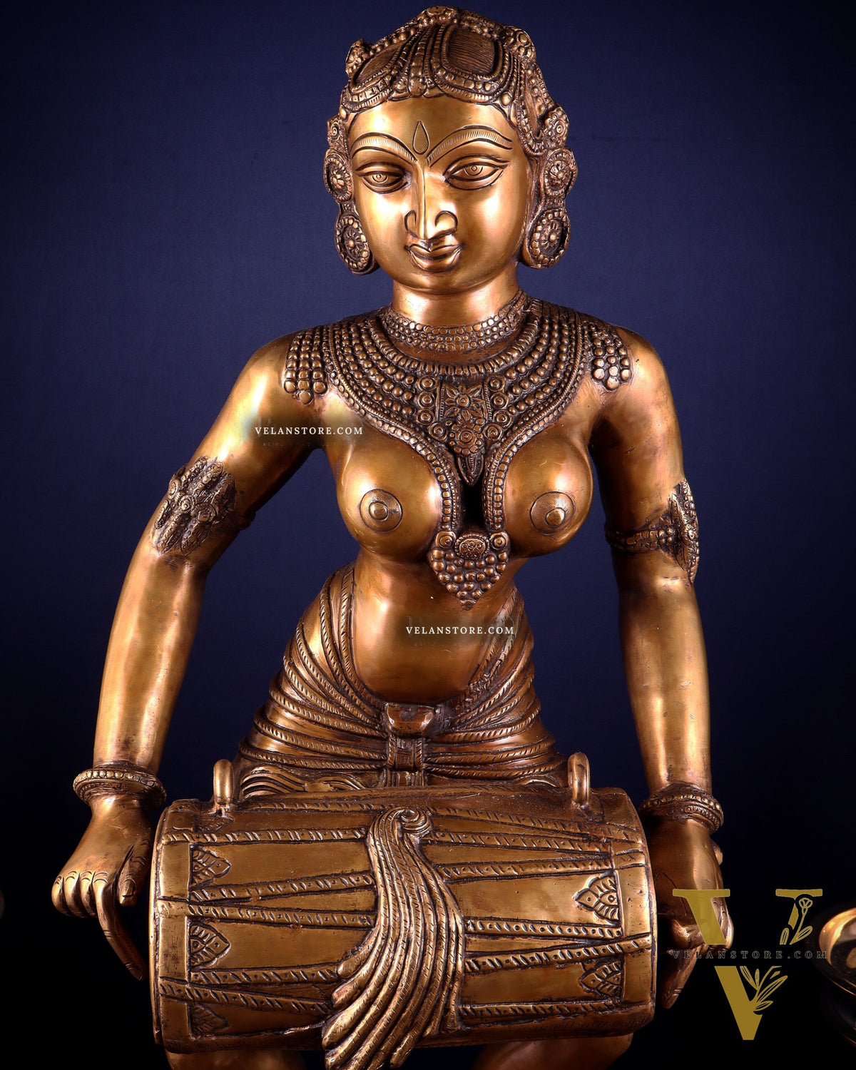 Pure Brass Large Dancing Indian Lady Playing Dholak Statue – 38 inch