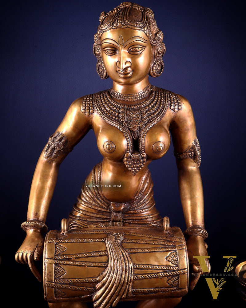 Pure Brass Large Dancing Indian Lady Playing Dholak Statue – 38 inch