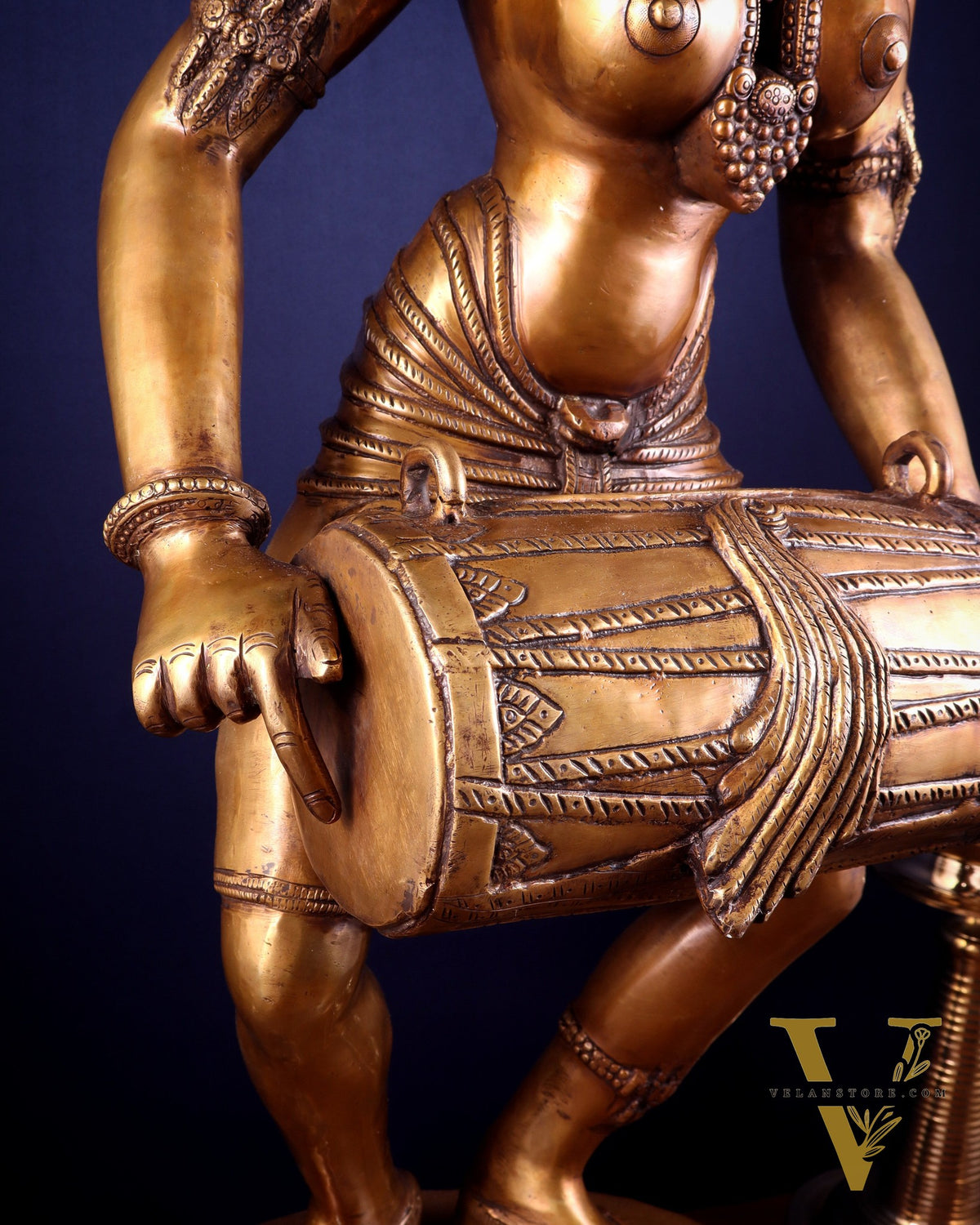 Pure Brass Large Dancing Indian Lady Playing Dholak Statue – 38 inch