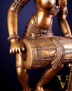 Pure Brass Large Dancing Indian Lady Playing Dholak Statue – 38 inch