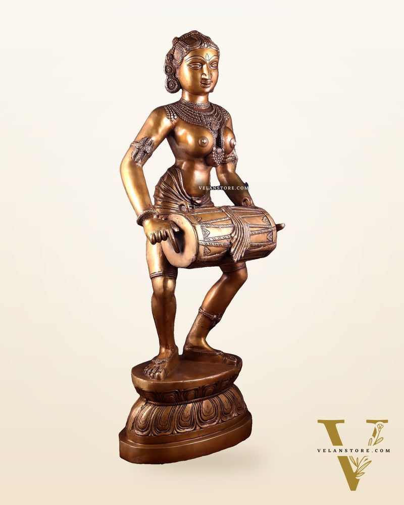 Pure Brass Large Dancing Indian Lady Playing Dholak Statue – 38 inch