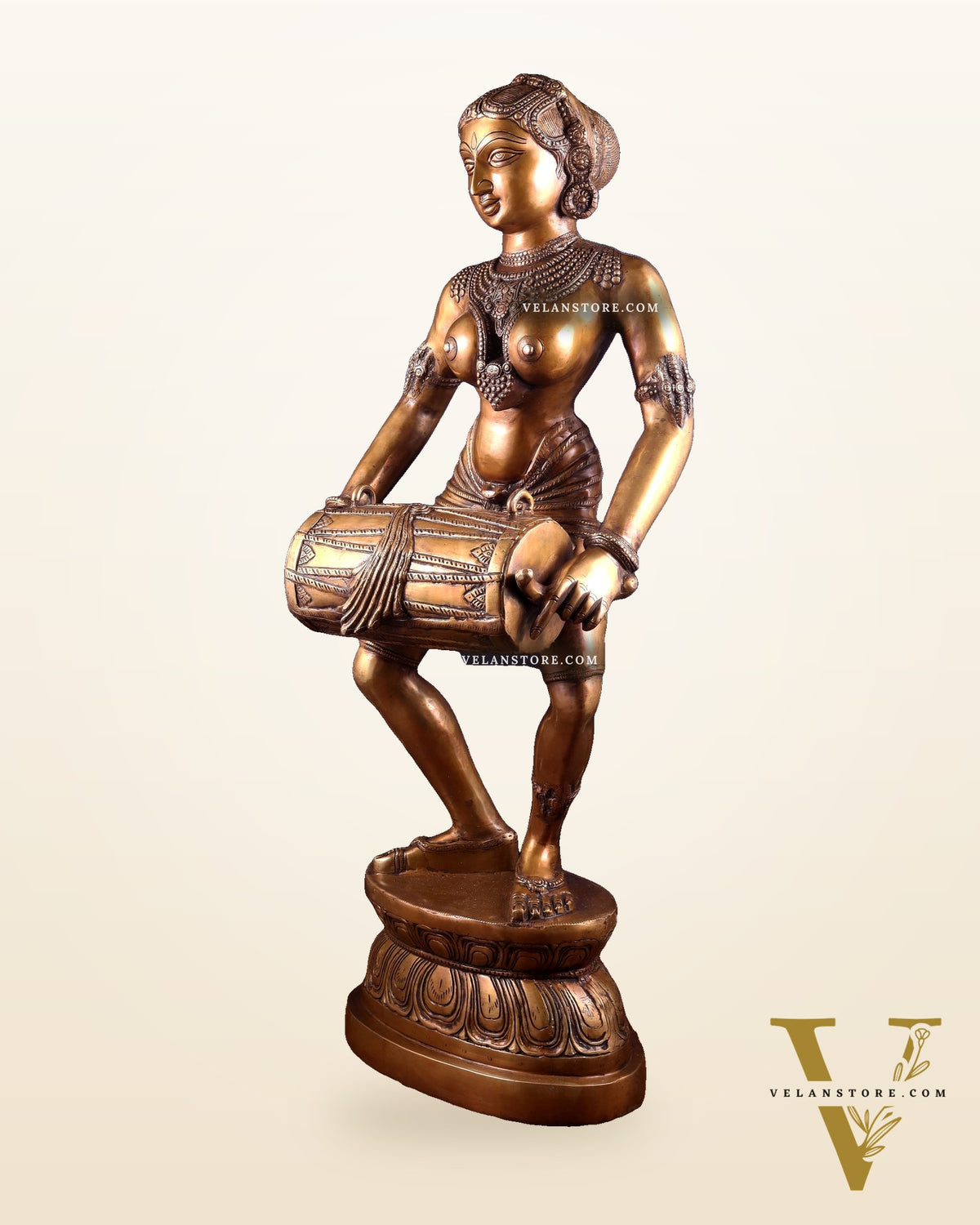 Pure Brass Large Dancing Indian Lady Playing Dholak Statue – 38 inch