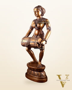 Pure Brass Large Dancing Indian Lady Playing Dholak Statue – 38 inch