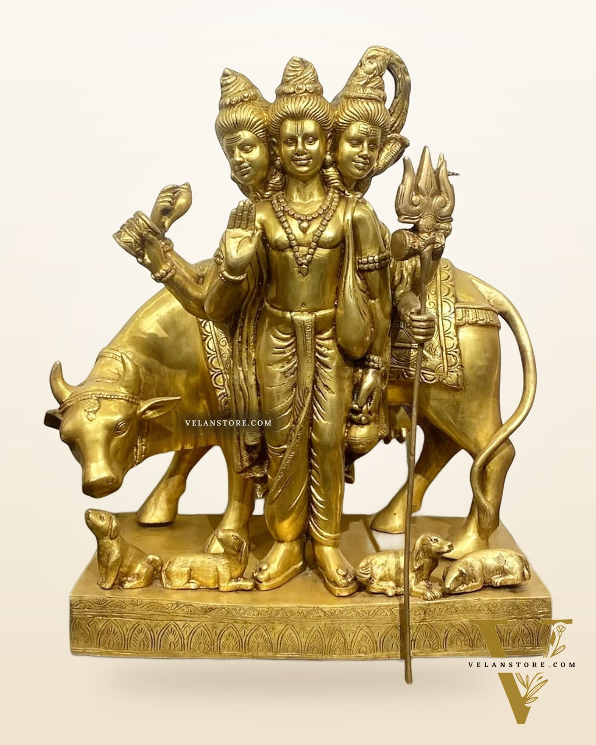 Pure Brass Large Dattatreya Guru Statue with Cow and Dogs 24"