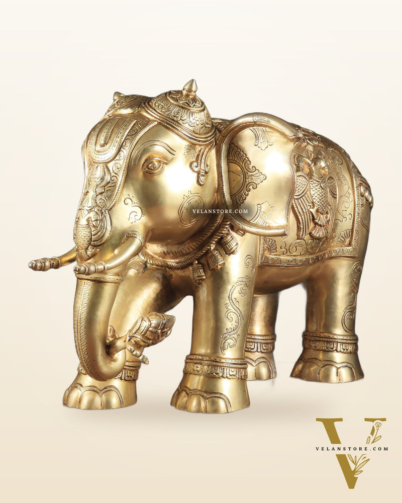 Pure Brass Large Elephant Statue with Enhanced Carvings 26"