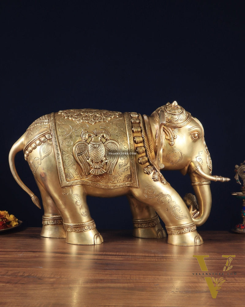 Pure Brass Large Elephant Statue with Enhanced Carvings 26"